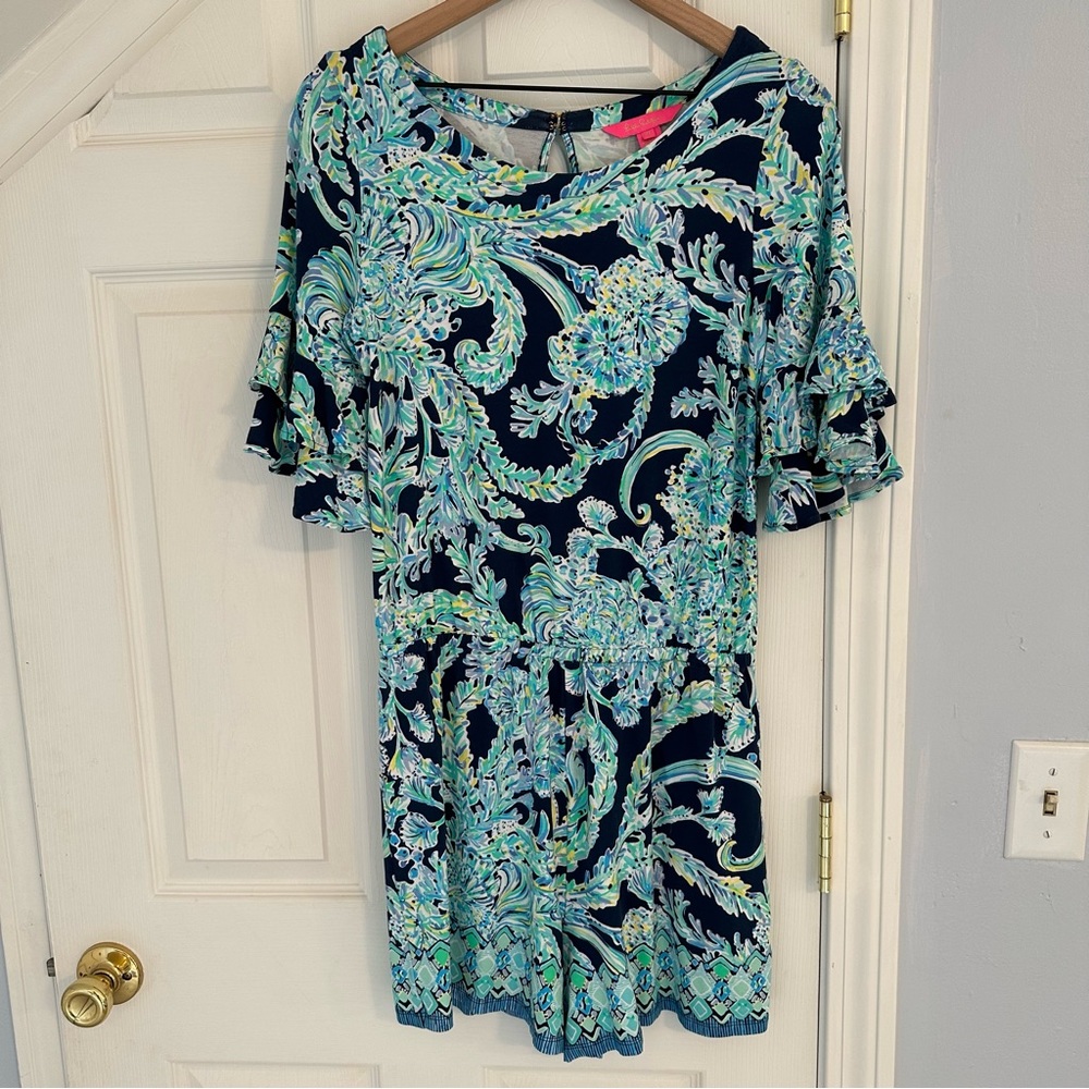 Lilly Pulitzer Lula Romper High Tide Navy Scuba Doo Ruffled Sleeves, Size Medium - Picture 14 of 15